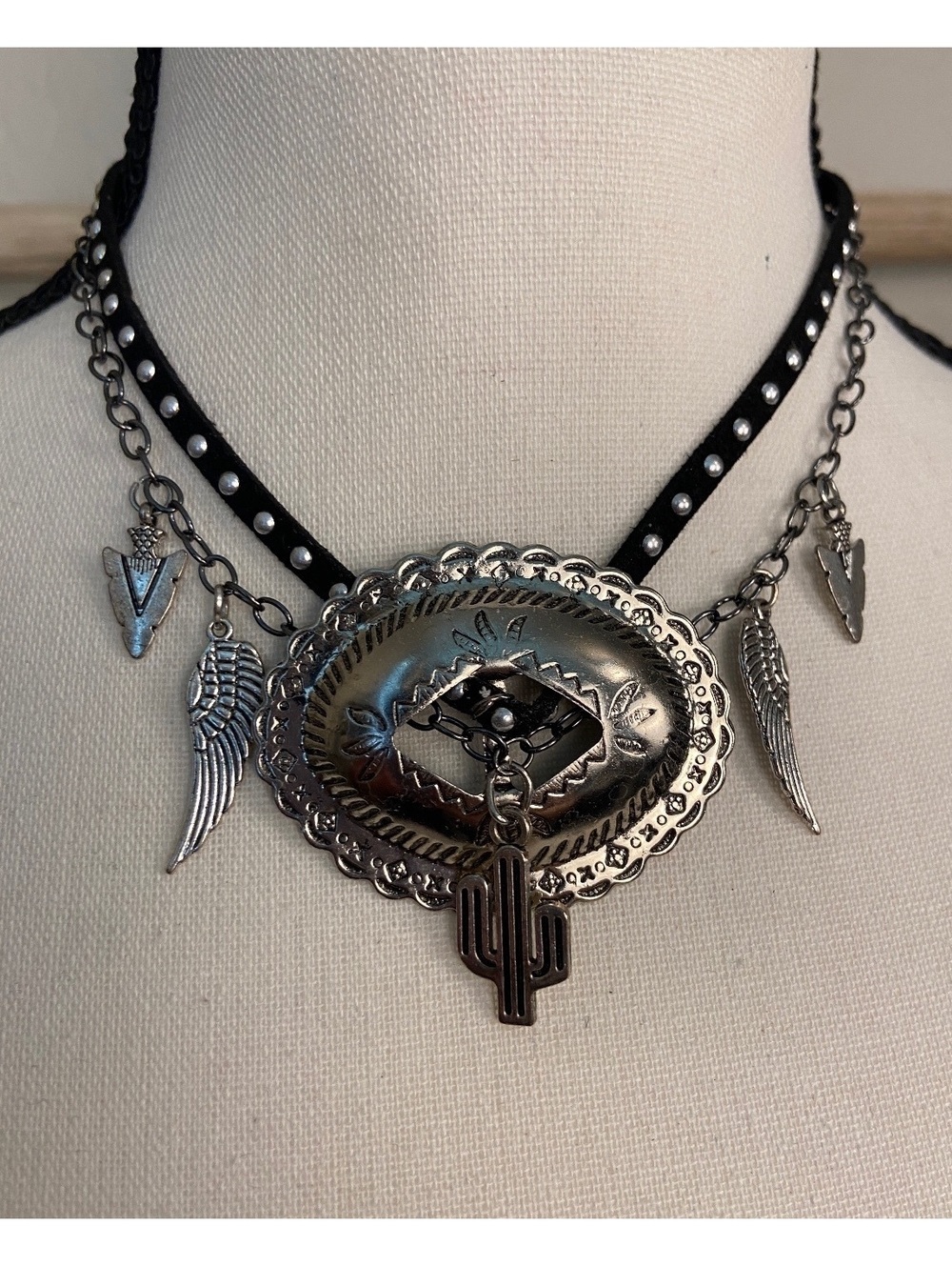 Western Style Silver Metal and Black Studded Leather Choker Necklace with Charms
